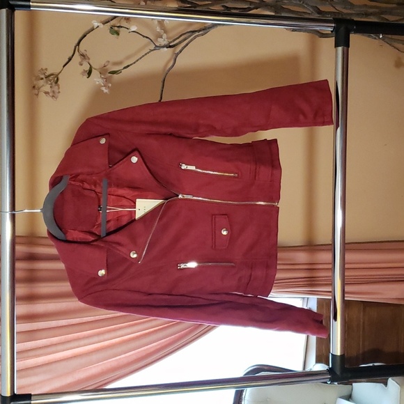 Burgundy (Faux) Suede Moto Jacket.  Red Motorcycle Jacket S. NWT. Express. - Picture 5 of 9